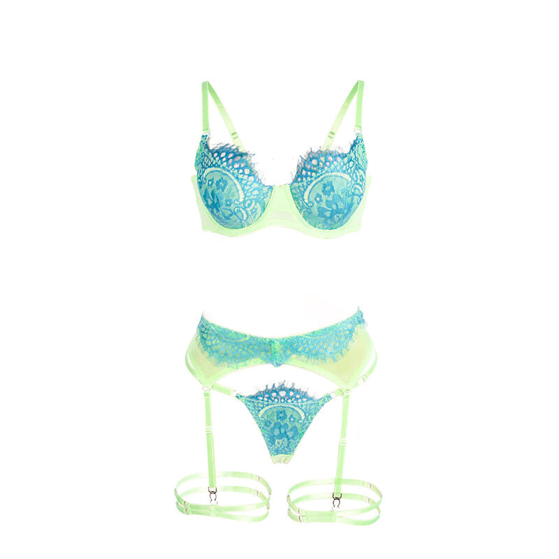 SUBBLIME - 955311 LACE BRA AND GARTER SET GREEN AND BLUE S/M