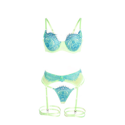 SUBBLIME - 955311 LACE BRA AND GARTER SET GREEN AND BLUE S/M