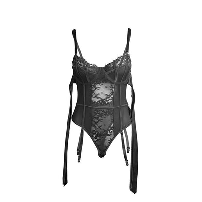 SUBBLIME - 955502 LACE BODYSUIT WITH TIES AND GARTER STRAPS BLACK L/XL