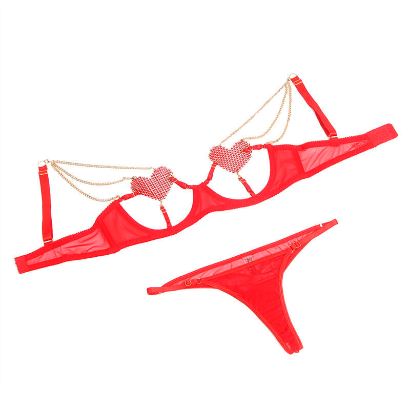 SUBBLIME - 955526 CONJUNTO SUTIÃ COM CORRENTES E CORAÇÃO DE REDE VERMELHO L/XL