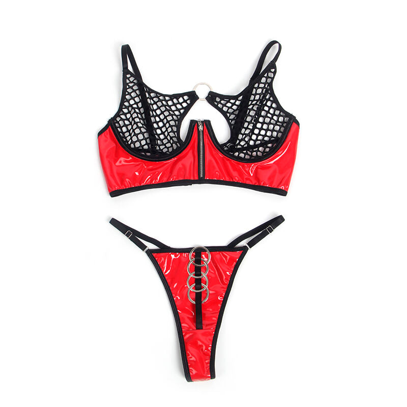 SUBBLIME - 955533 RED PATENT MESH ZIPPER BRA SET S/M