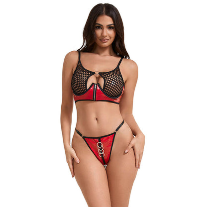 SUBBLIME - 955533 RED PATENT MESH ZIPPER BRA SET S/M