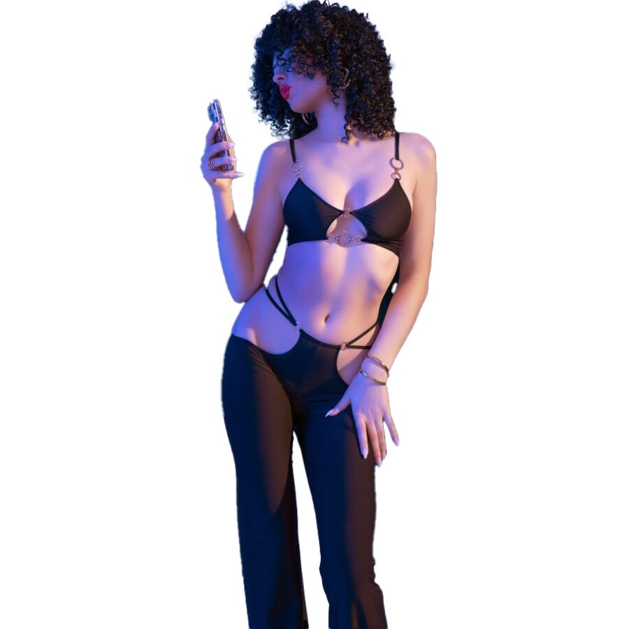 CHILIROSE - CR 4851 SET TOP NEGRO Y LEGGINS CON COMPLEMENTOS DORADOS M