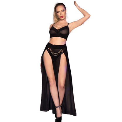CHILIROSE - CR 4672 BLACK TOP, SKIRT AND THONG WITH GOLD CHAINS S
