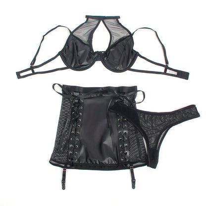 SUBBLIME - 957582 CONJUNTO SUJETADOR Y FALDA DE CUERO NEGRO S/M