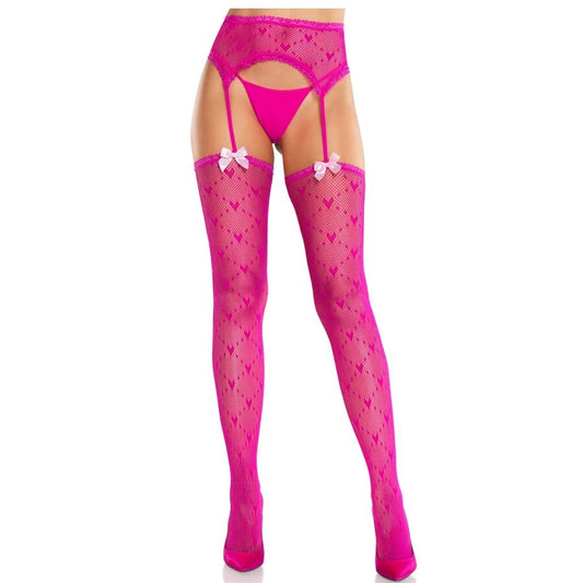 LEG AVENUE - HEART-SHAPED STOCKINGS WITH MAGENTA GARTERS