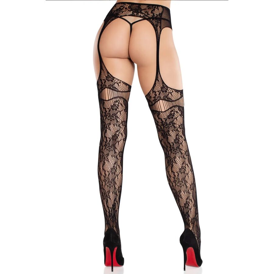 LEG AVENUE - LACE HOLD-UP STOCKINGS BLACK