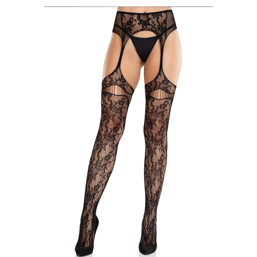 LEG AVENUE - LACE HOLD-UP STOCKINGS BLACK