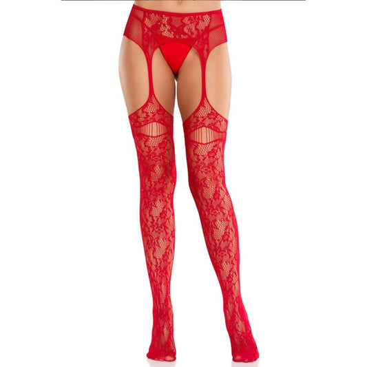 LEG AVENUE - RED LACE STOCKINGS WITH GARTERS