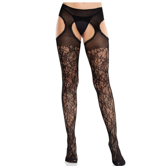 LEG AVENUE - FLORAL LACE STOCKINGS WITH ATTACHED GARTERS BLACK
