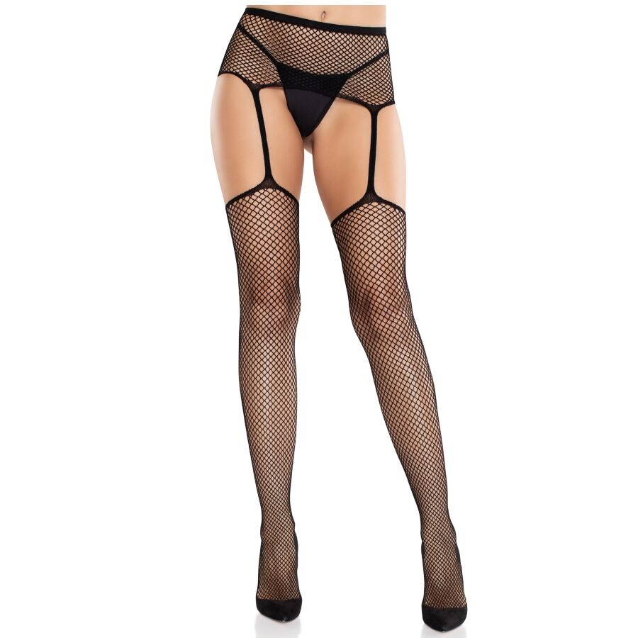 LEG AVENUE - LACE STOCKINGS WITH CROSS AND BLACK GARTER BELT