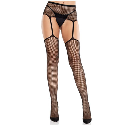 LEG AVENUE - LACE STOCKINGS WITH CROSS AND BLACK GARTER BELT
