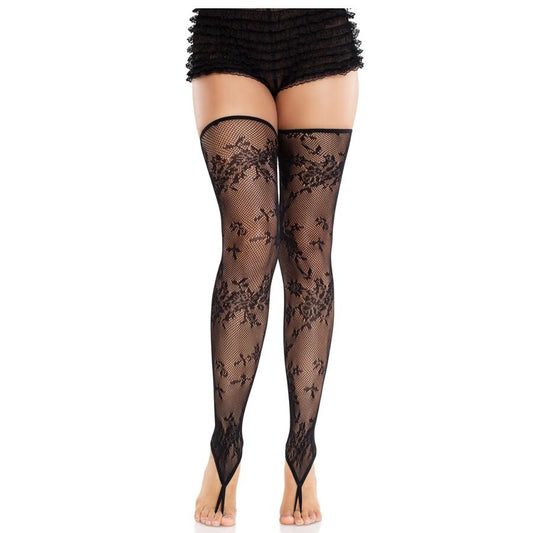 LEG AVENUE - MEDIAS SIN PIES DE ENCAJE FLORAL NEGRO