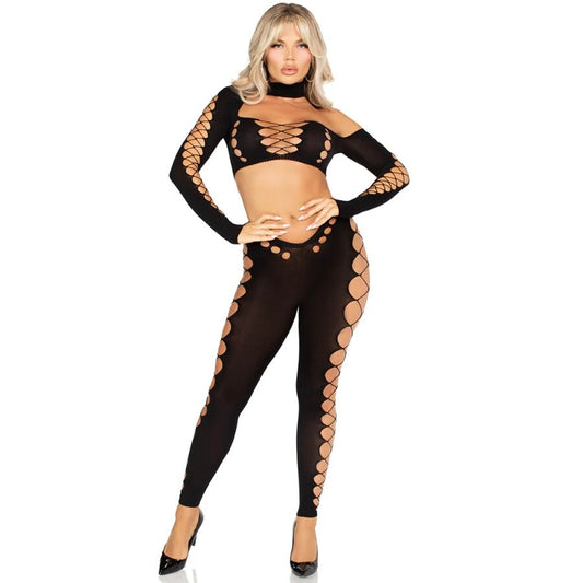 LEG AVENUE - SEAMLESS CUT-OUT CROP TOP AND LEGGINGS BLACK