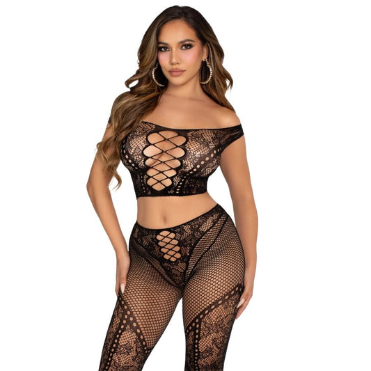 LEG AVENUE - BLACK OFF-THE-SHOULDER MESH CROP TOP AND LEGGINGS