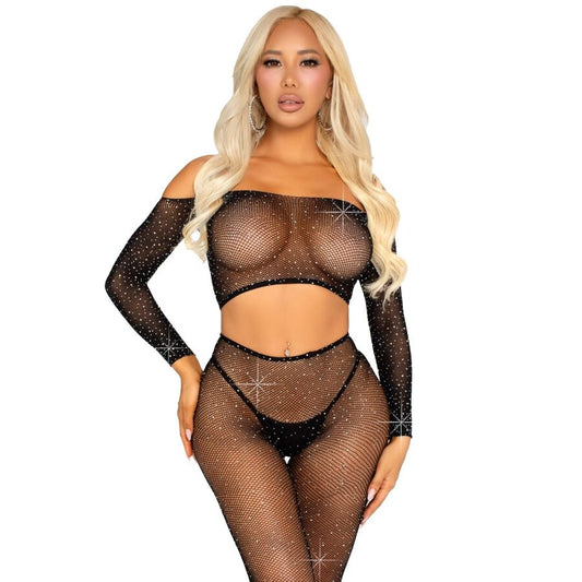 LEG AVENUE - BLACK RHINESTONE MESH CROP TOP AND LEGGINGS