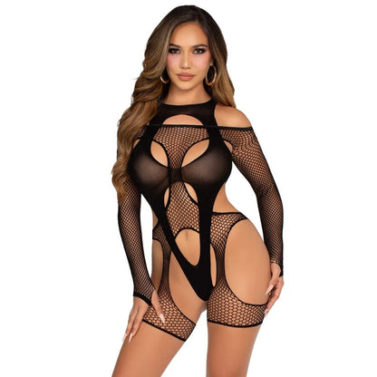 LEG AVENUE - BODY DE REJILLA CON LIGA Y ARNÉS NEGRO