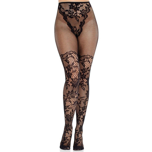 LEG AVENUE - DAHLIA LACE STOCKINGS WITH BLACK FISHNET DETAIL