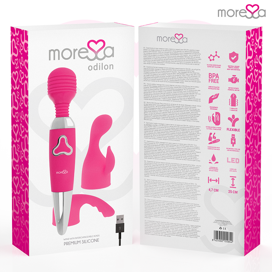 MORESSA - ODILON WAND POWERFUL MOTOR PLUS TWO PREMIUM RECHARGEABLE SILICONE HEADS
