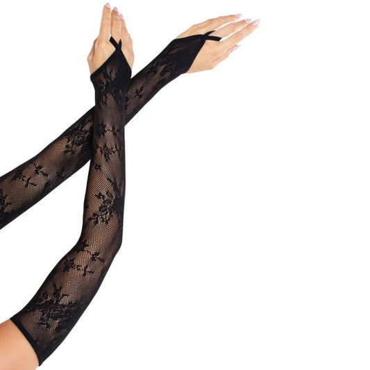 LEG AVENUE - GUANTES EXTRALARGOS CALIENTABRAZOS DE ENCAJE FLORAL NEGRO