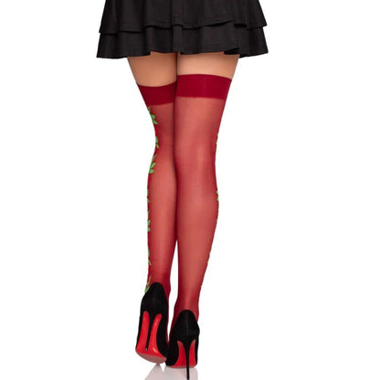 LEG AVENUE - 1957 MEDIAS DE LIGUERO CON FLORES ROJAS - TALLA ÚNICA