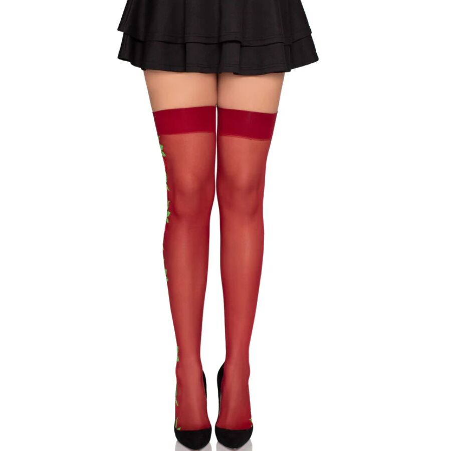 LEG AVENUE - 1957 MEDIAS DE LIGUERO CON FLORES ROJAS - TALLA ÚNICA