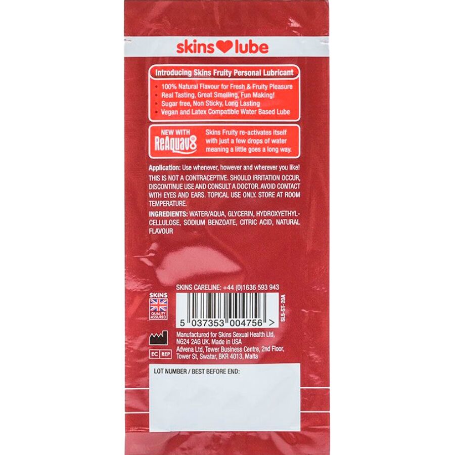 SKINS - LUBRIFICANTE FRUTADO À BASE DE ÁGUA MORANGO MONODOSE 5 ML