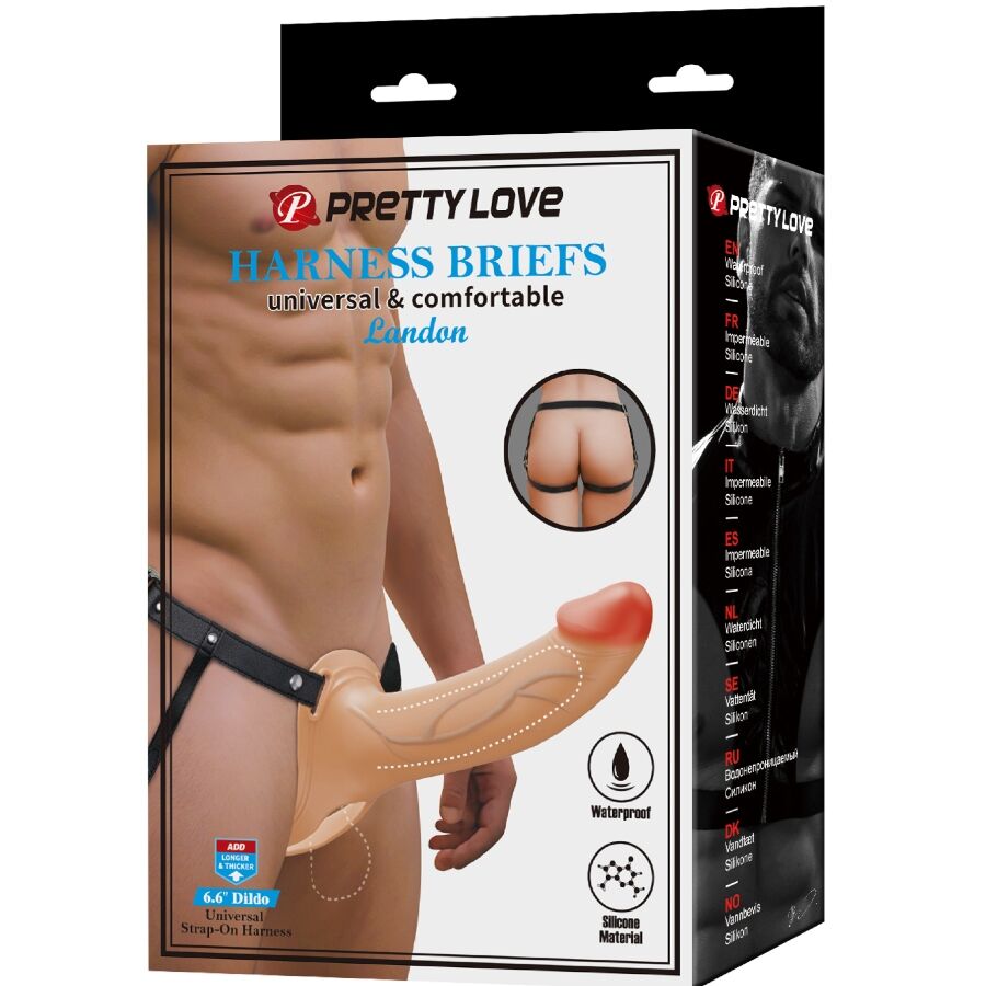 PRETTY LOVE - LANDON HARNESS BRIEFS ARNÊS UNIVERSAL COM DILDO OCO DE SILICONE 16,8 CM NATURAL
