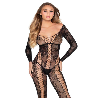 LEG AVENUE - 89369 JUMPSUIT DE RED Y ENCAJE NEGRO - TALLA ÚNICA