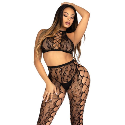 LEG AVENUE - 89372 CROP TOP Y MEDIAS SIN ENTREPIERNA NEGRO - TALLA ÚNICA