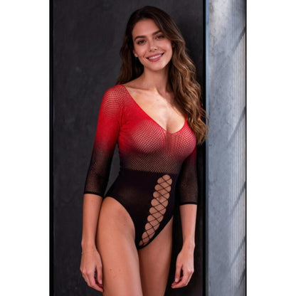 PASSION - BS118 BODYSTOCKING DE MALLA NEGRO Y ROJO