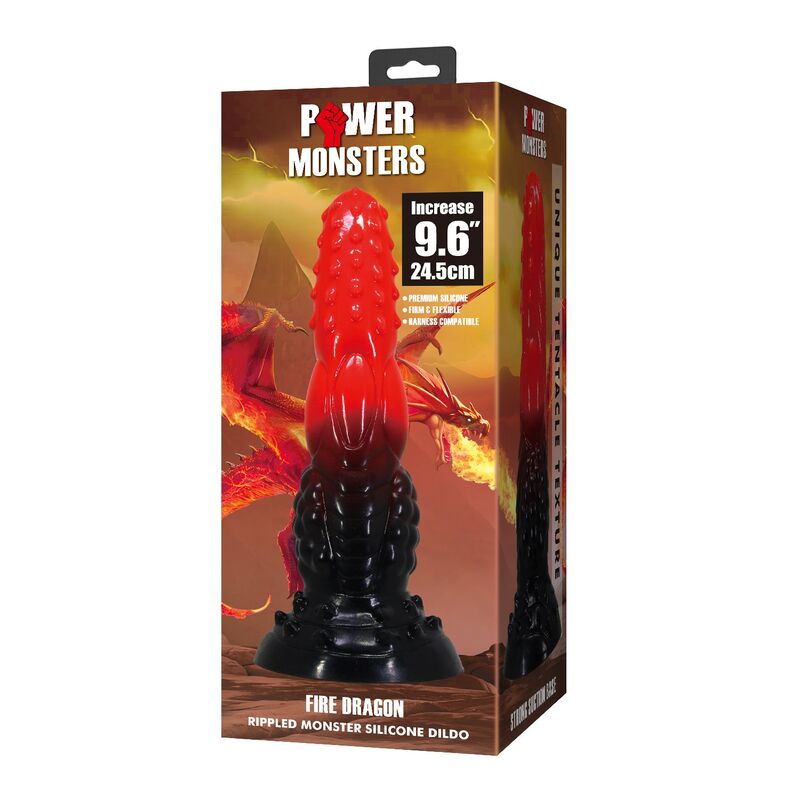 POWER MONSTERS - FIRE DRAGON DILDO FANTASÍA CON VENTOSA 24,5 CM Ø 5,8 CM ROJO Y NEGRO