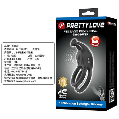 PRETTY LOVE - GOODWIN ANILLO VIBRADOR DOBLE PARA PENE RECARGABLE NEGRO