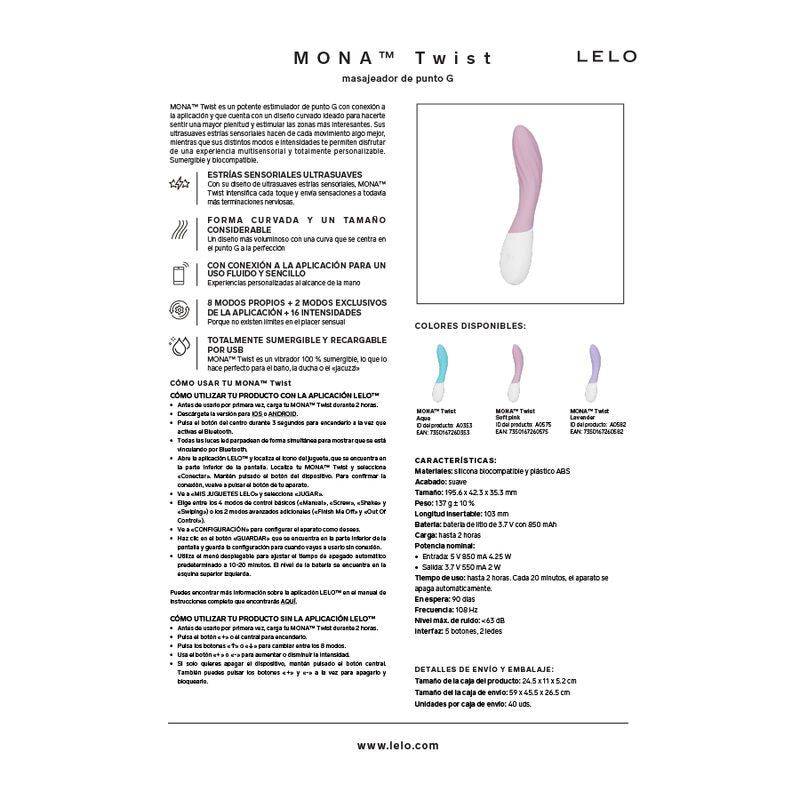 LELO - MONA TWIST VIBRADOR PARA PUNTO G RECARGABLE APP CONTROL LAVANDA LILA