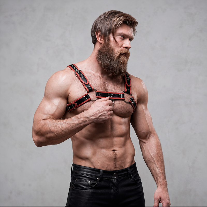 FETISH SUBMISSIVE ATTITUDE - ARNÉS ECOPIEL PECHO HOMBRE NEGRO/ROJO