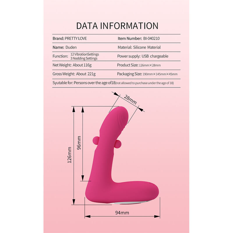 PRETTY LOVE - DUDEN VIBRADOR DE SILICONA RECARGABLE 12 MODOS DE VIBRACIÓN Y 3 MODOS DE BALANCEO ROSA
