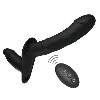 HIDDEN DESIRE - INFERNO ARNÉS CON DOBLE DILDO VIBRADOR DE SILICONA 14 CM CONTROL REMOTO NEGRO