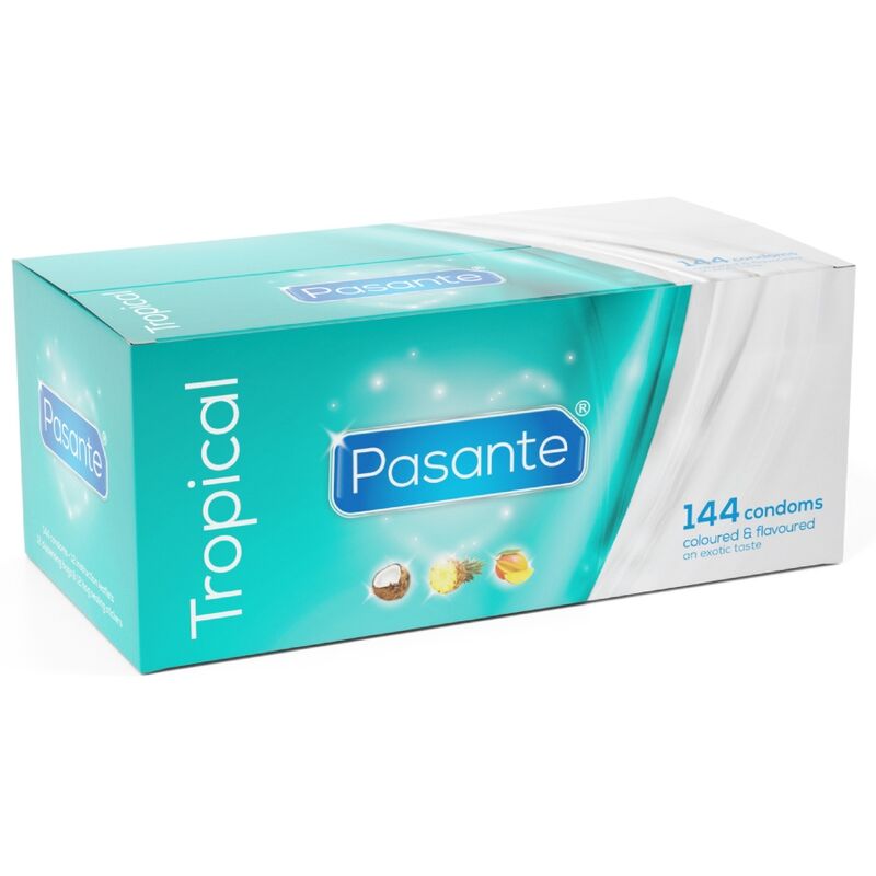 PASANTE - TROPICAL PRESERVATIVOS CON SABORES MANGO PIÑA Y COCO 53 MM 144 UNIDADES