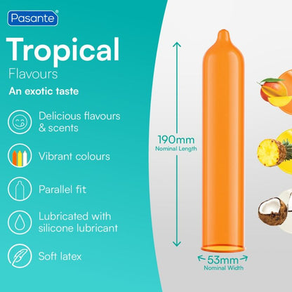 PASANTE - TROPICAL PRESERVATIVOS CON SABORES MANGO PIÑA Y COCO 53 MM 144 UNIDADES
