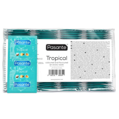 PASANTE - TROPICAL PRESERVATIVOS CON SABORES MANGO PIÑA Y COCO 53 MM 144 UNIDADES (BOLSA)