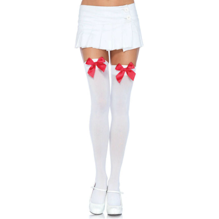 LEG AVENUE - WHITE NYLON STOCKINGS WITH RED BOW