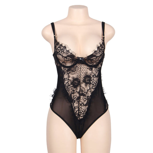 SUBBLIME - PLUS SIZE BLACK FLORAL LACE TEDDY