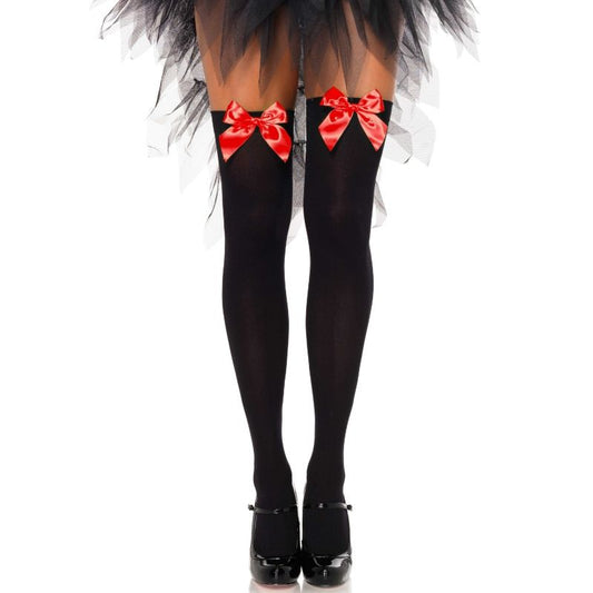LEG AVENUE - BLACK THIGH STOCKINGS WITH RED BOW, ONE SIZE