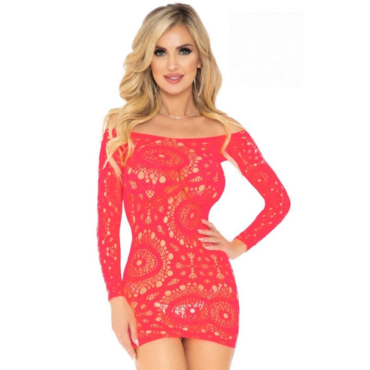 LEG AVENUE - RED LONG SLEEVE LACE MINI DRESS ONE SIZE