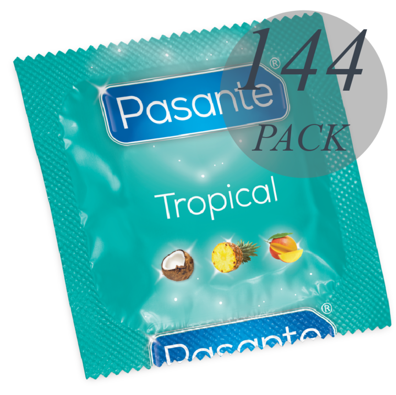 PASANTE - TROPICAL PRESERVATIVOS CON SABORES MANGO PIÑA Y COCO 53 MM 144 UNIDADES