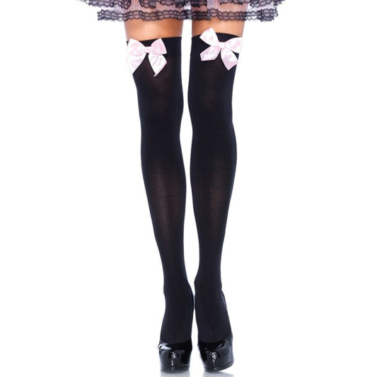 LEG AVENUE - BLACK THIGH STOCKINGS WITH PINK BOW ONE SIZE