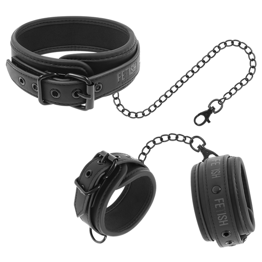 FETISH SUBMISSIVE - COLLAR Y ESPOSAS CUERO VEGANO CON FORRO DE NEOPRENO