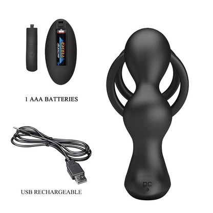 PRETTYLOVE - MARSHALL PLUG ANAL CON VIBRACIÓN Y ANILLO PARA EL PENE Y TESTÍCULOS