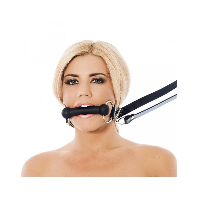 BONDAGE PLAY - MORDAZA CON FORMA DE BOCADO DE CABALLO Y RIENDAS CUERO Y SILICONA
