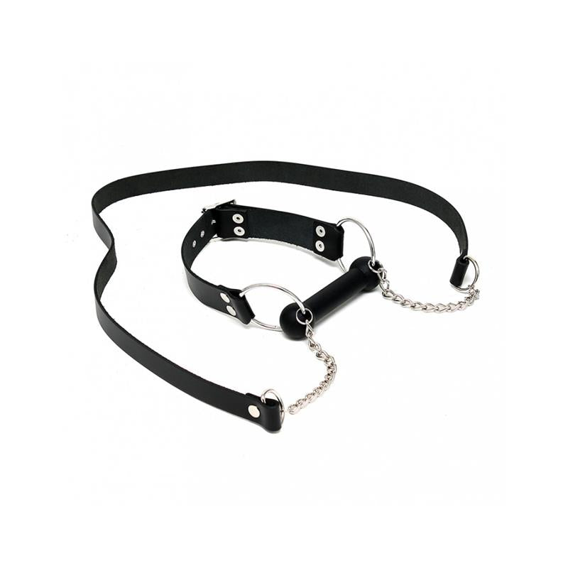 BONDAGE PLAY - MORDAZA CON FORMA DE BOCADO DE CABALLO Y RIENDAS CUERO Y SILICONA